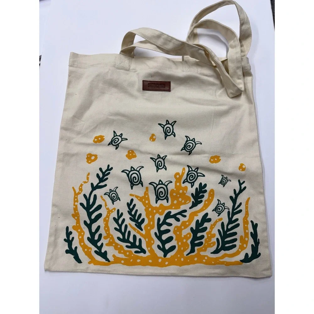 Sand Cloud Sea Turtle Coral Reef Canvas Tote Bag Cream Yellow Green Beach Bag